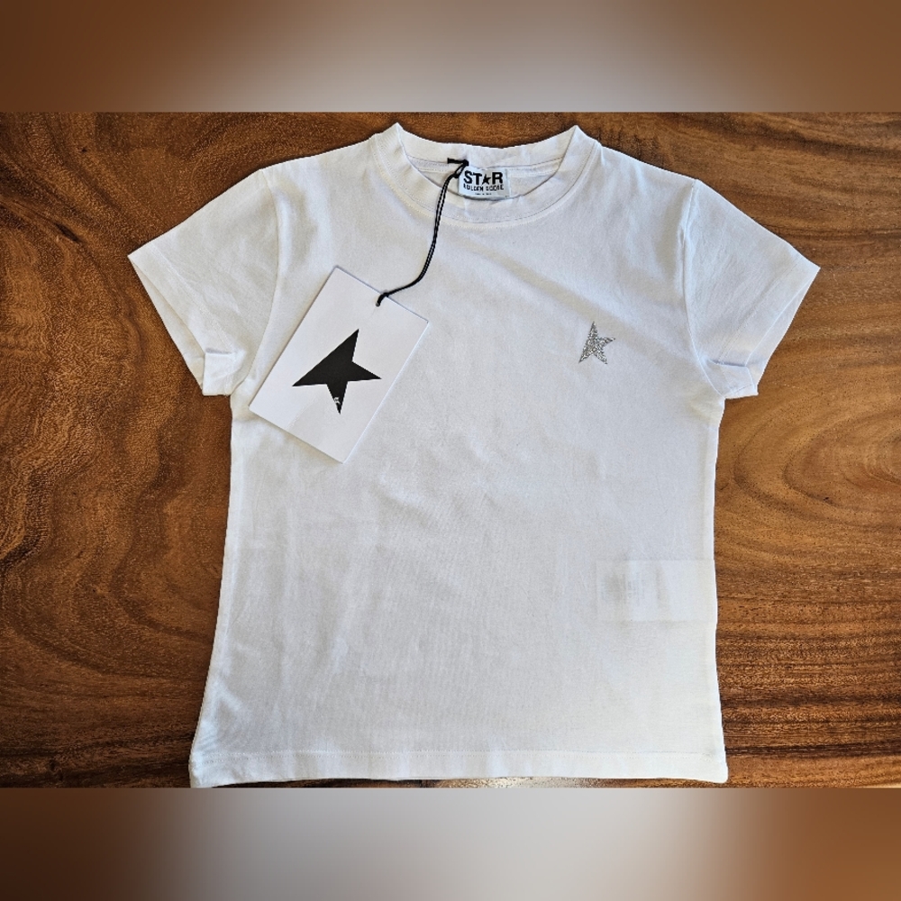 NWT Golden Goose Star Short Sleeve Tee Size 10 White with Silver Star